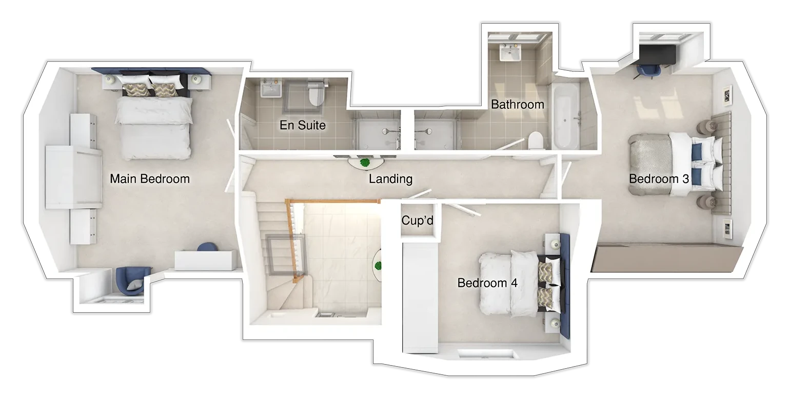 mass-visual-3d-floor-plan-first-floor-furnished Furnished 3D floor plan of a first floor with a main bedroom, en suite, bathroom, landing, bedroom 3 and bedroom 4