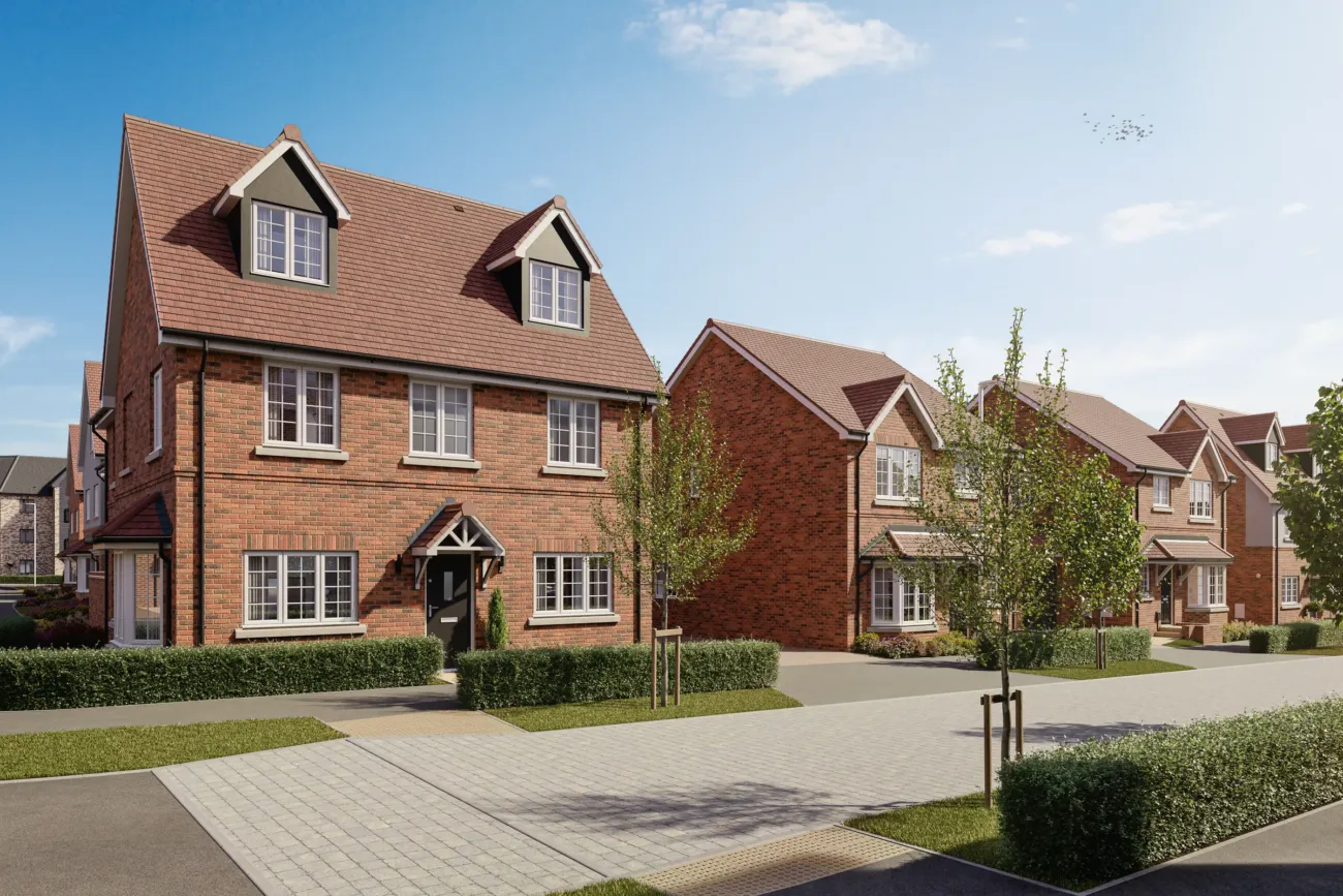 Street scene CGI of a red brick home with dormer windows on one of the new streets at Hurlocke Fields, Hitchin