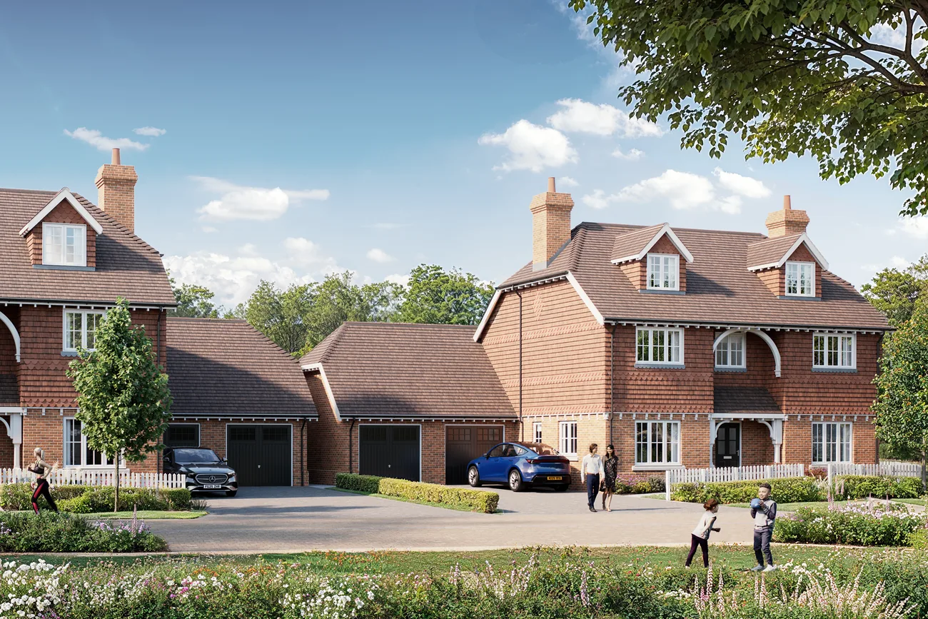 Street scene CGI of new detached homes with garages and a shared drive, families outside on a sunny day