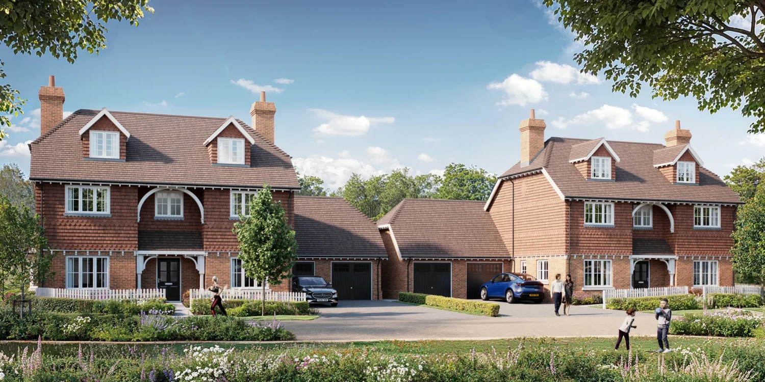 Street scene CGI of new detached homes with garages and a shared drive, families outside on a sunny day
