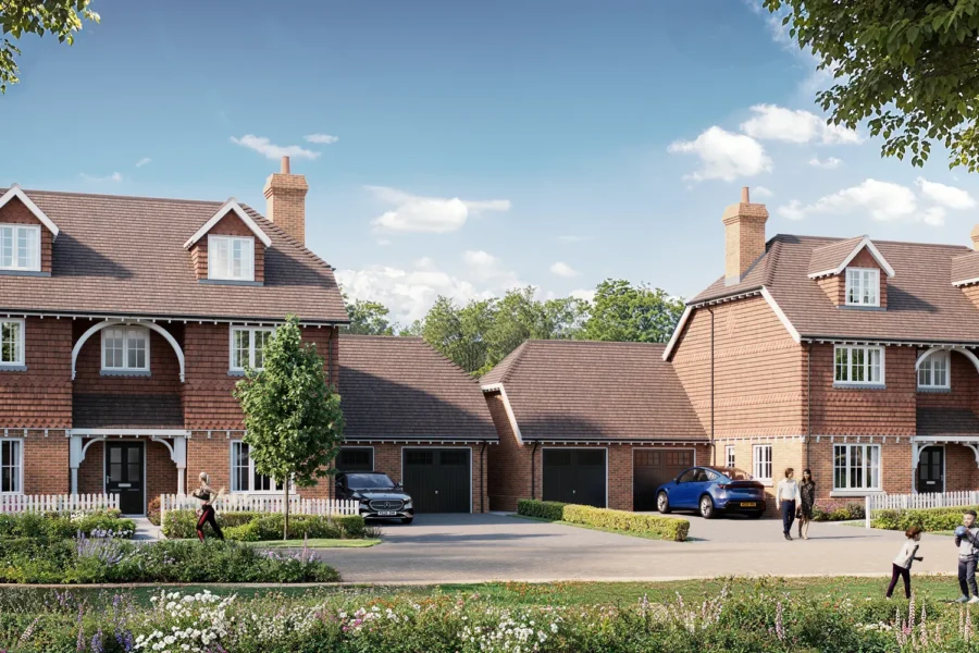Street scene CGI of new detached homes with garages and a shared drive, families outside on a sunny day