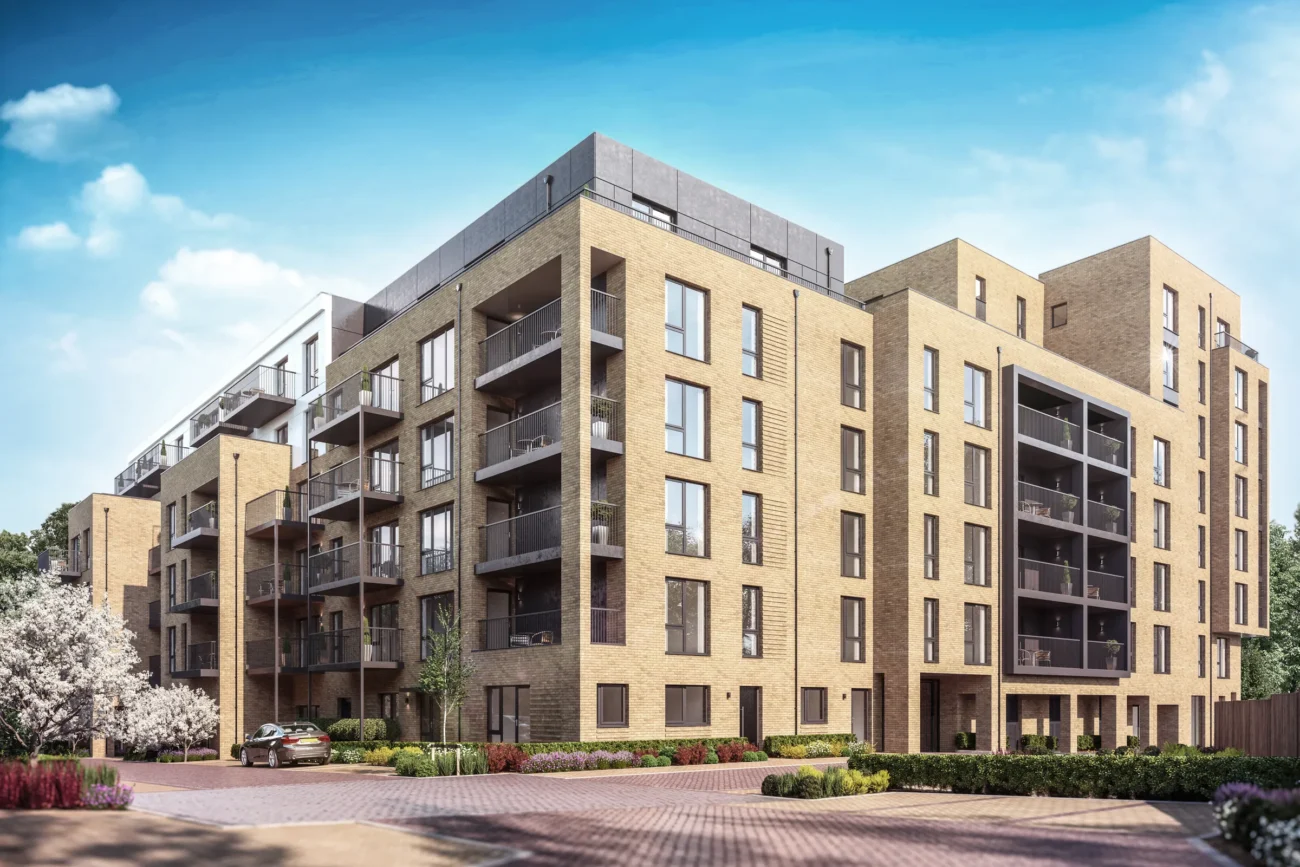 Exterior CGI of yellow brick apartment blocks with balconies around a paved courtyard, with blossom trees and planting